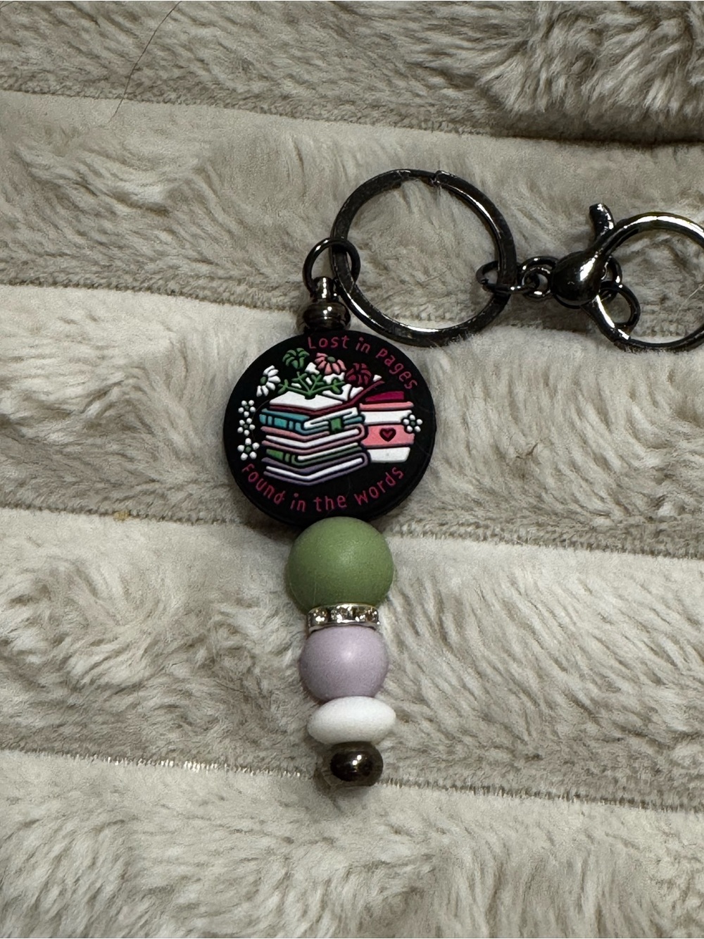 Lost in Pages Book Lover Keychain - Green, Lavender & White